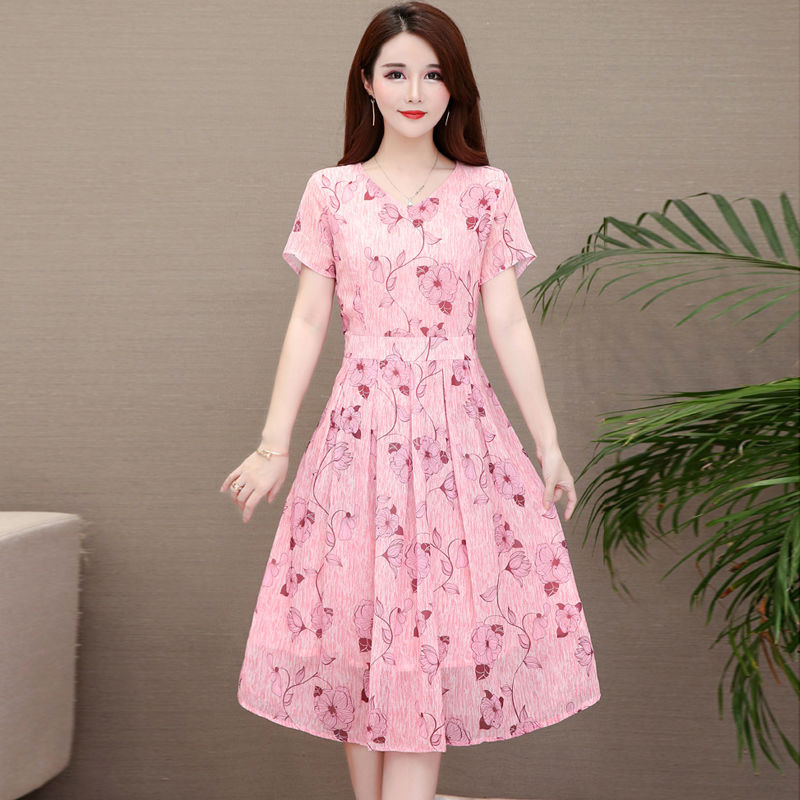 Summer Slim V-neck Floral Dress Elegant Short Sleeves Middle Long Printing Causal Dress red_